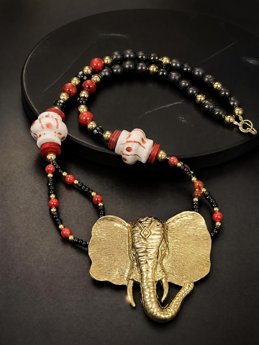 Crimson Safari Artisan Elephant Glass & Ceramic Bead Statement Necklace